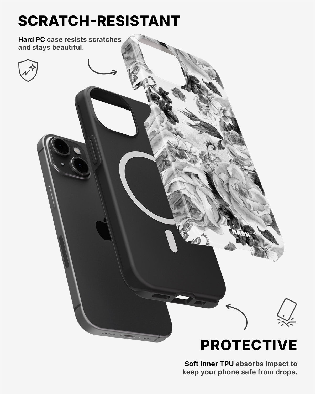 iPhone 12 / iPhone 12 Pro Tough Case – Black & White Bloom - View 2