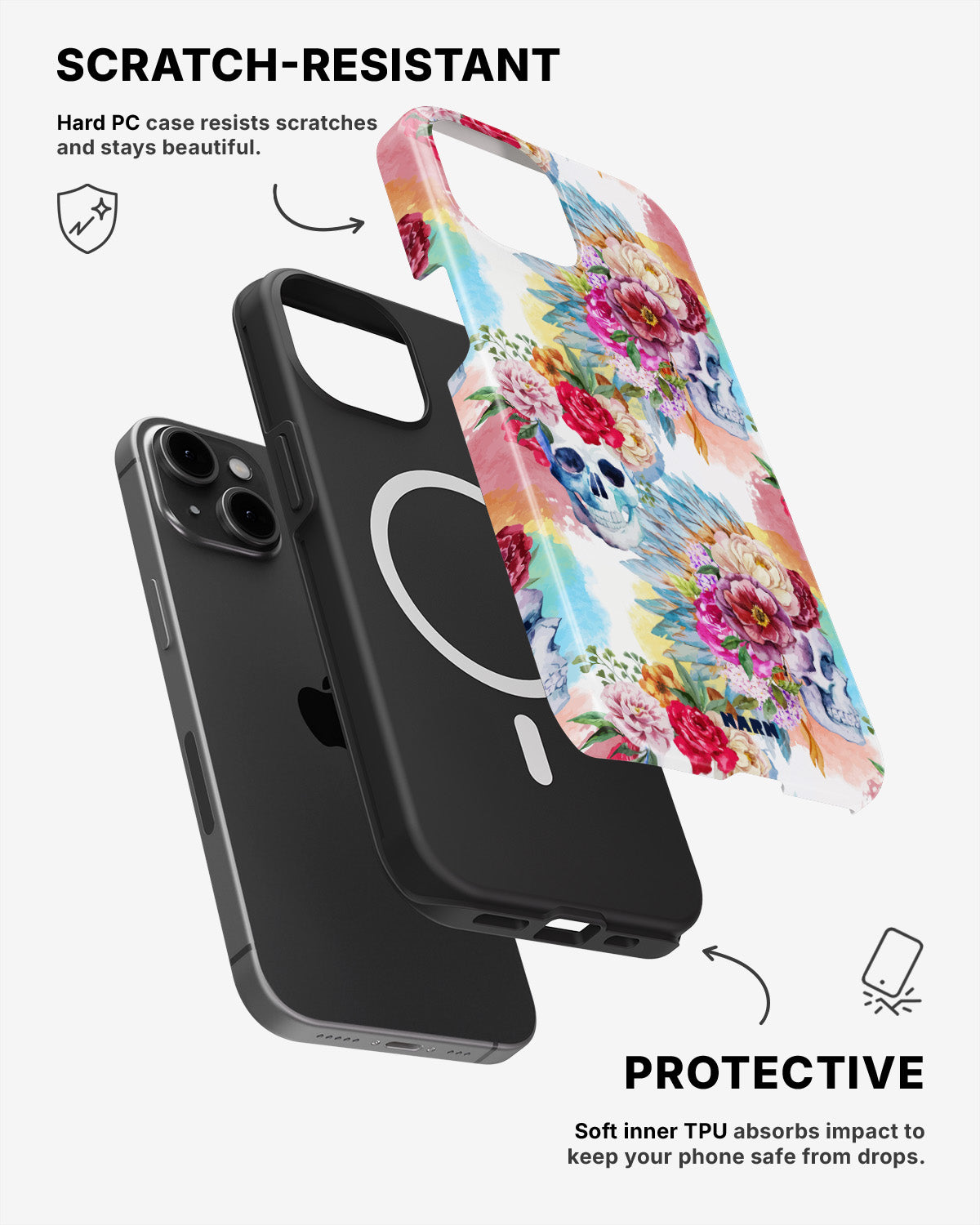 iPhone 12 / iPhone 12 Pro Tough Case – Flowered Skulls - View 2