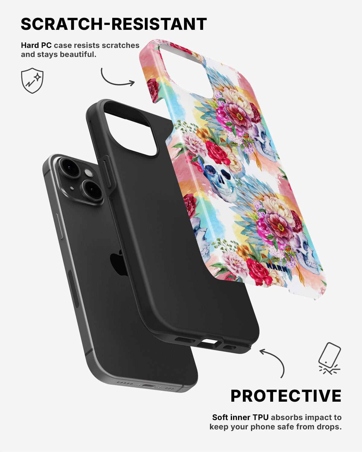 iPhone 15 Tough Case – Flowered Skulls - View 2