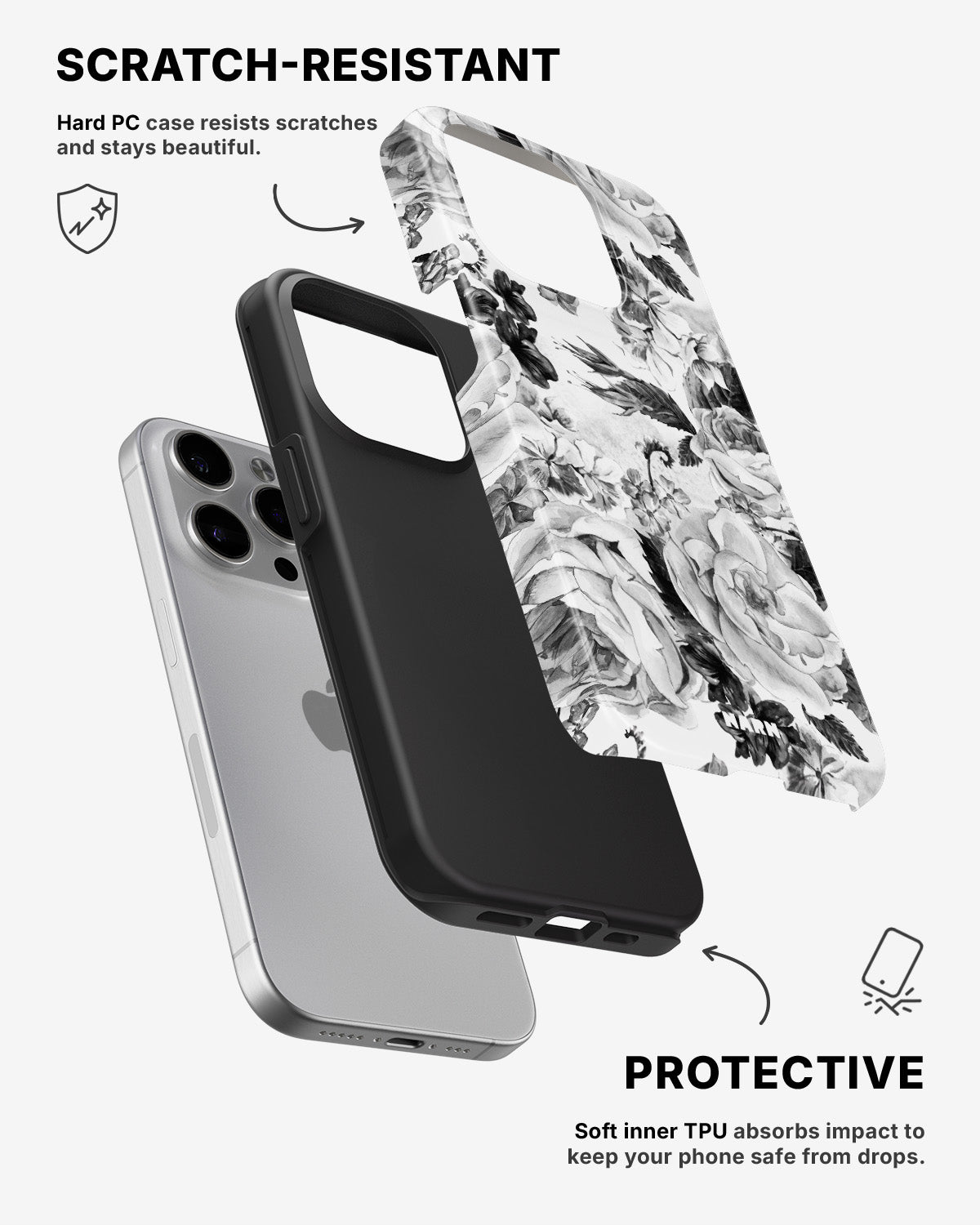 iPhone 15 Pro Tough Case – Black & White Bloom - View 2