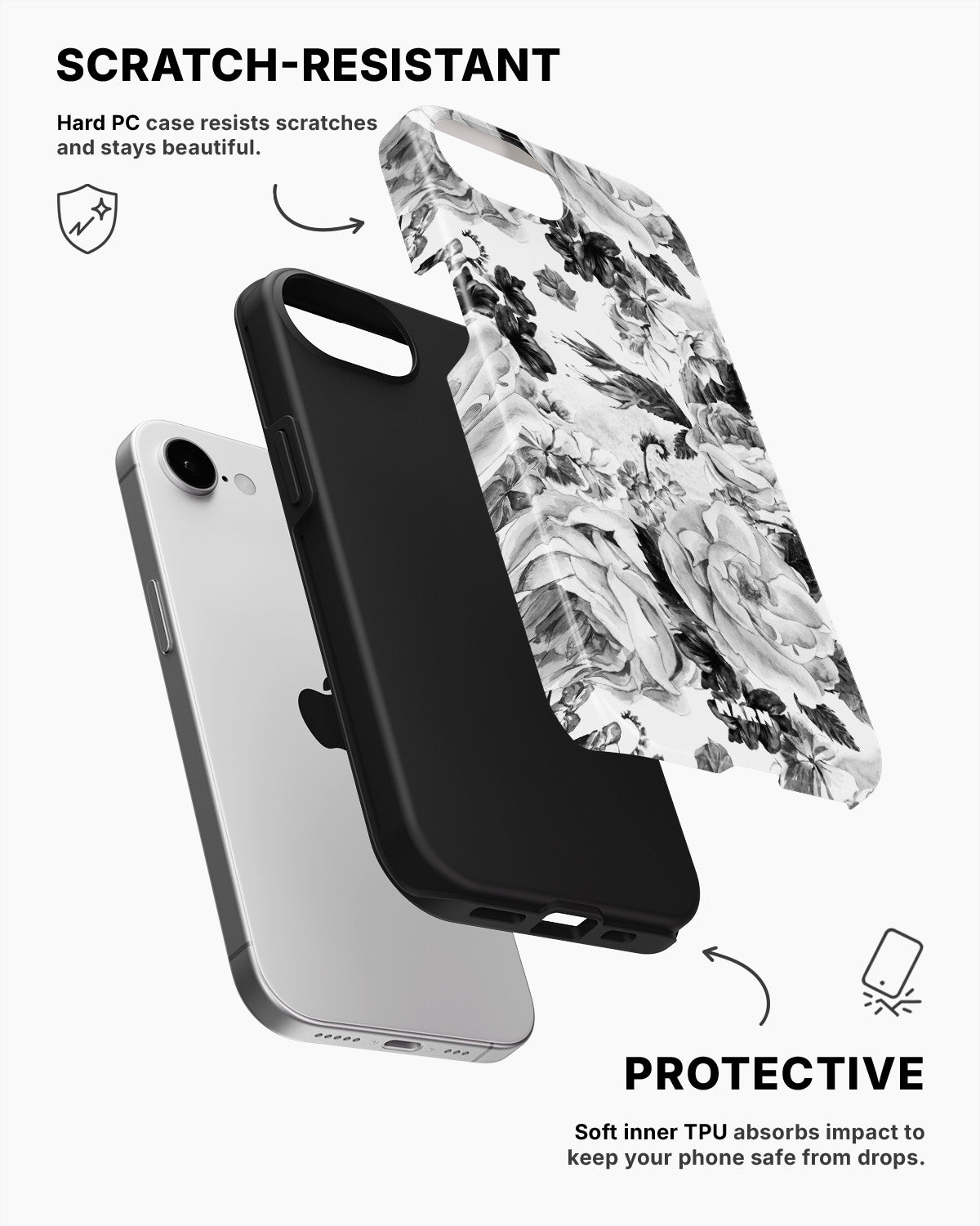 iPhone 16e Tough Case – Black & White Bloom - View 2