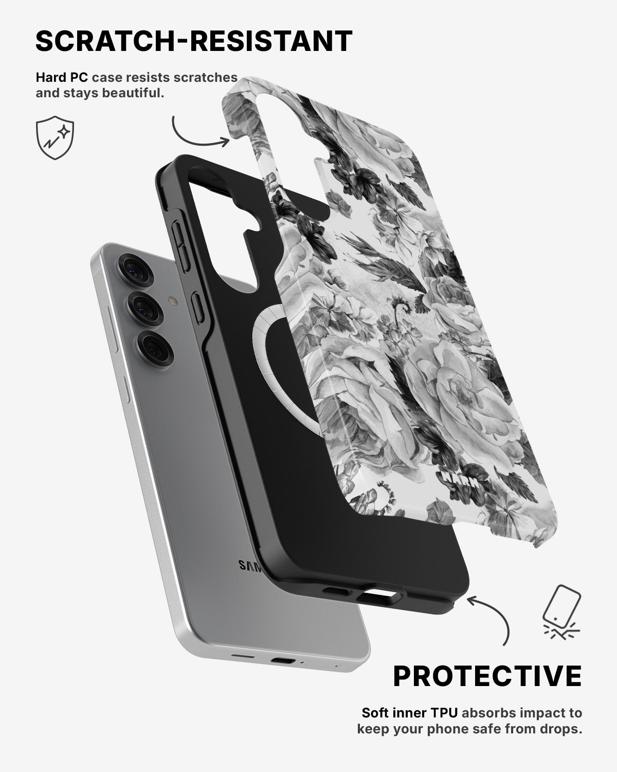 Samsung Galaxy S25 Tough Case – Black & White Bloom - View 2
