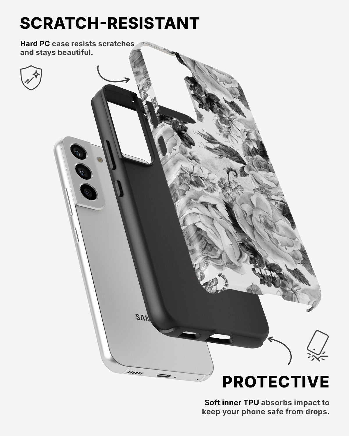 Samsung Galaxy S21 Tough Case – Black & White Bloom - View 2