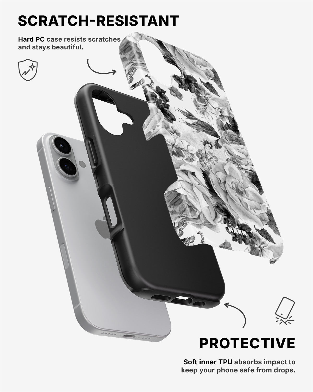 iPhone 16 Plus Tough Case – Black & White Bloom - View 2