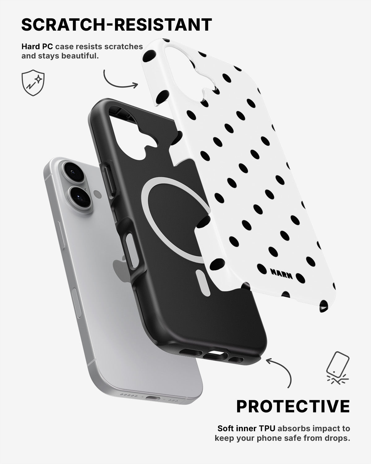 iPhone 16 Plus Tough Case – Mono Dots - View 2