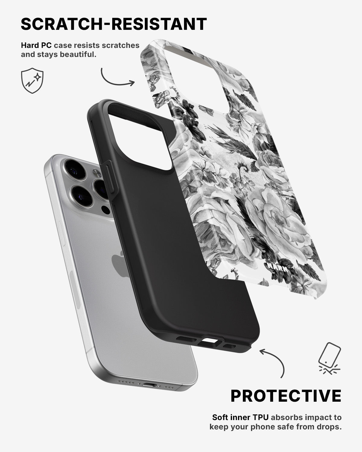 iPhone 14 Pro Max Tough Case – Black & White Bloom - View 2