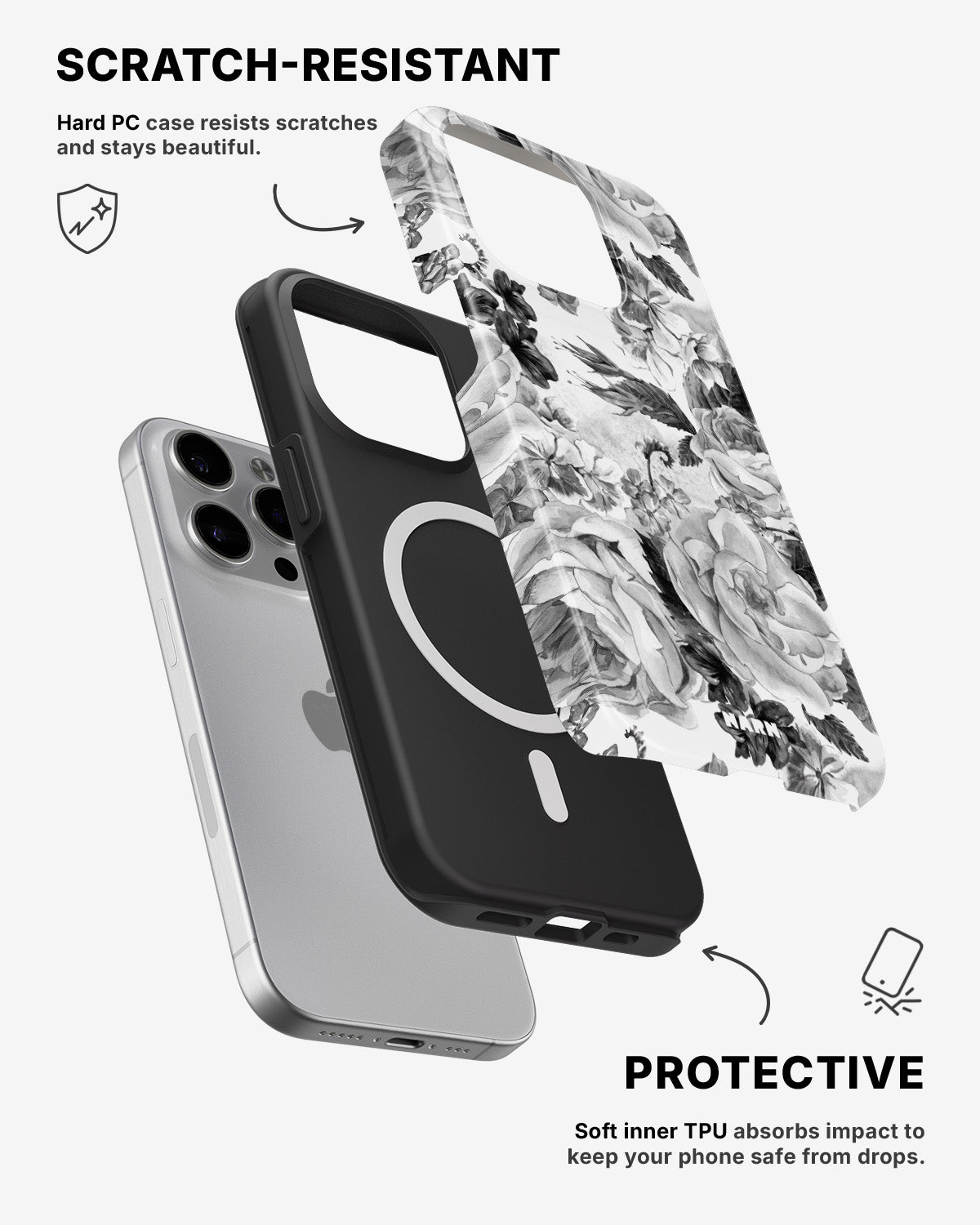 iPhone 12 Pro Max Tough Case – Black & White Bloom - View 2